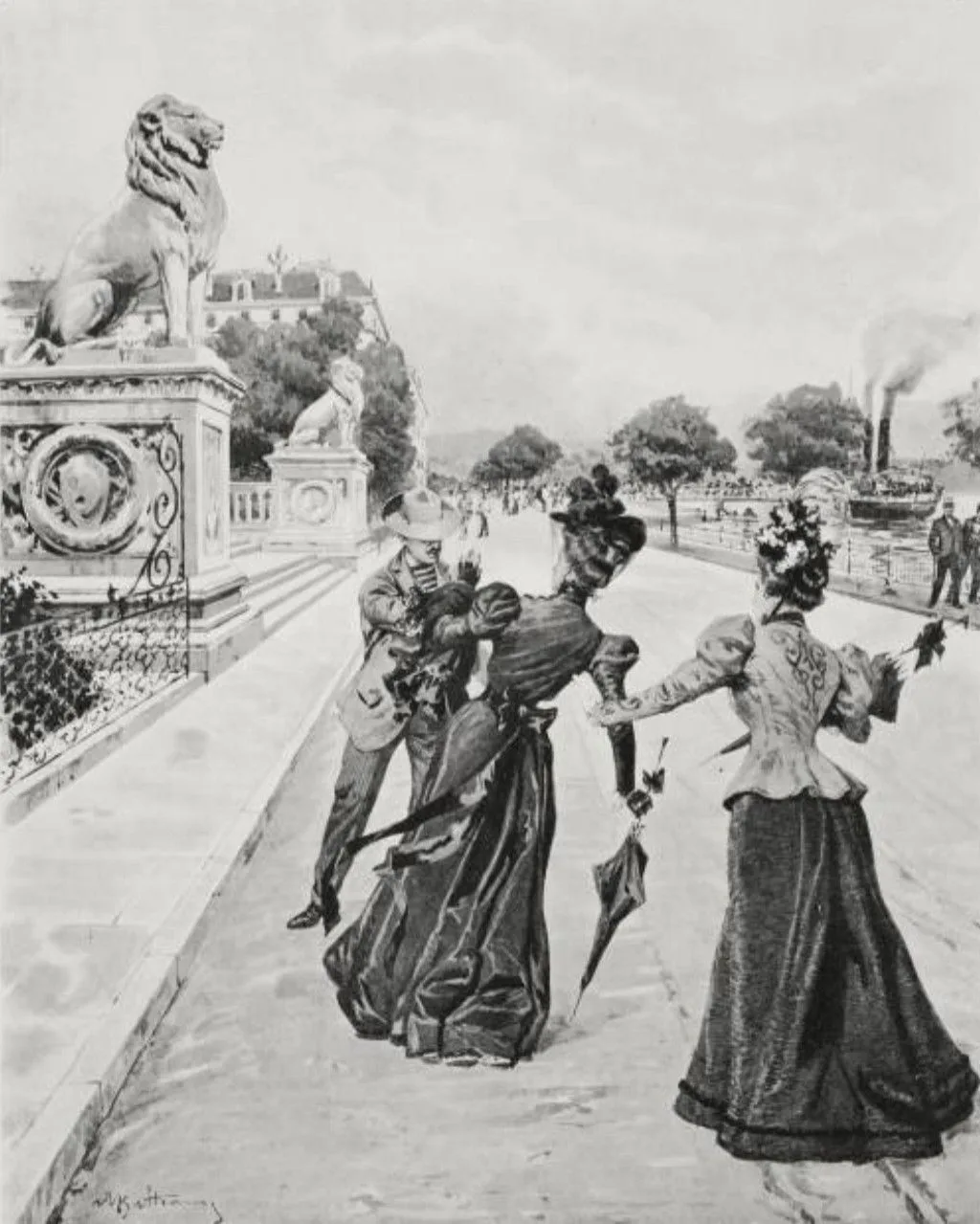 Dobová ilustrácia zachytávajúca atentát na cisárovnú Alžbetu na promenáde v Ženeve v roku 1898
