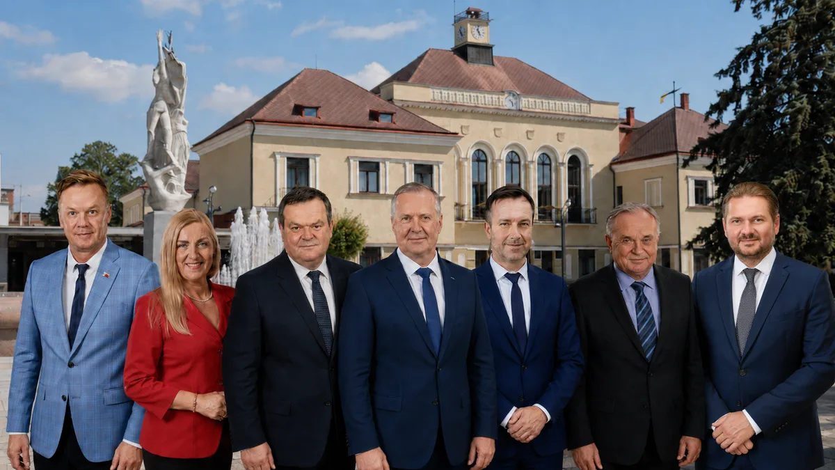 Kandidáti na primátora Michaloviec 2026 pred michalovskou radnicou (ilustračná grafika vytvorená pomocou umelej inteligencie)