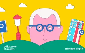 Ilustrácia projektu Odkaz pre starostu od Slovensko.Digital - postava s okuliarmi medzi prvkami mesta: parkovacia značka, pouličná lampa a budova.