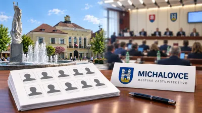 Michalovská radnica, rokovacia sála zastupiteľstva a kandidátka s erbom mesta (ilustračná grafika vytvorená pomocou umelej inteligencie)