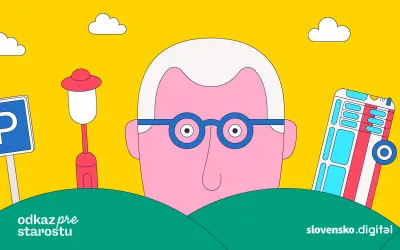 Ilustrácia projektu Odkaz pre starostu od Slovensko.Digital - postava s okuliarmi medzi prvkami mesta: parkovacia značka, pouličná lampa a budova.